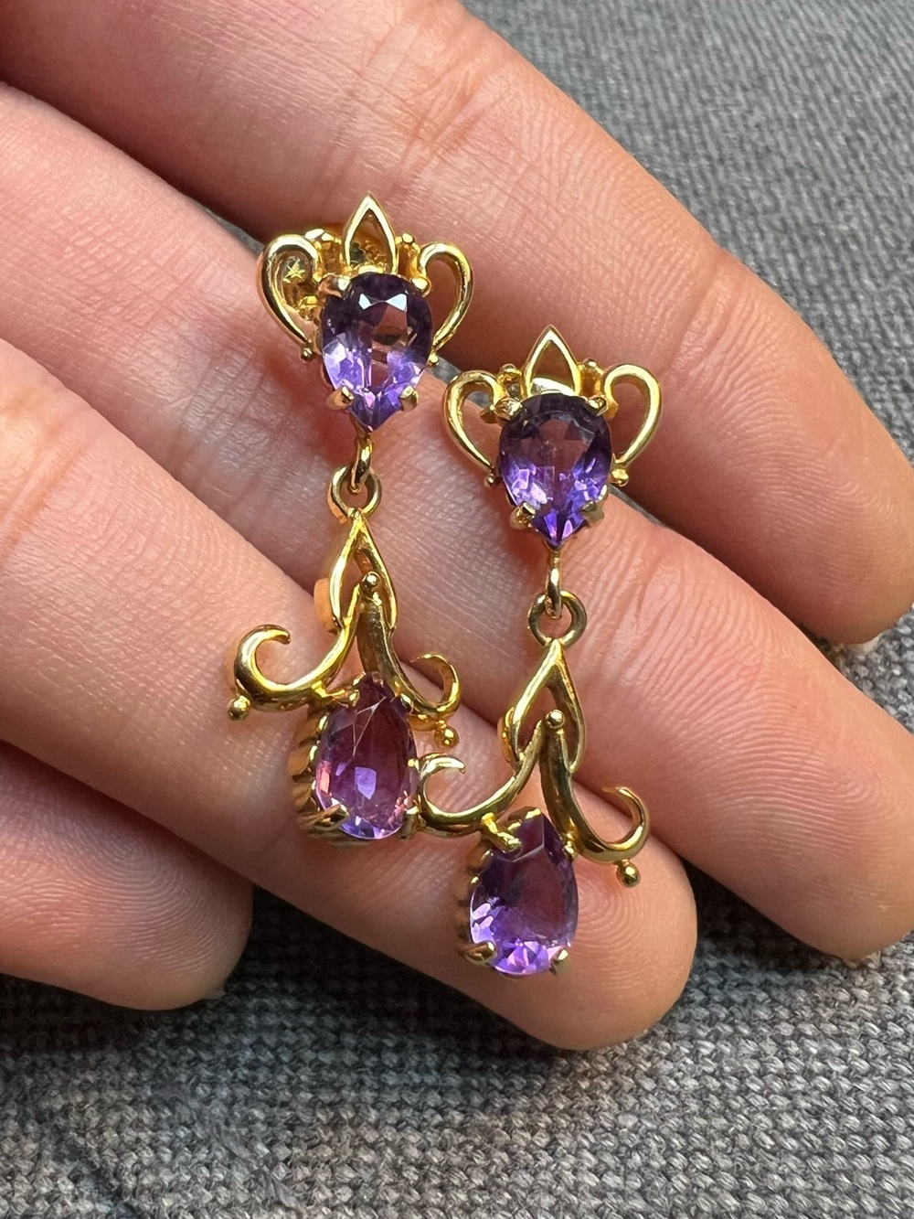 14k 18k Gold Amethyst Teardrop Earrings,Vintage Victorian Revival Statement Drop